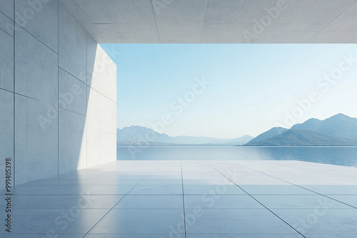 Abstract 3D rendering of minimalist style architectural space scene, mountain and lakeside building