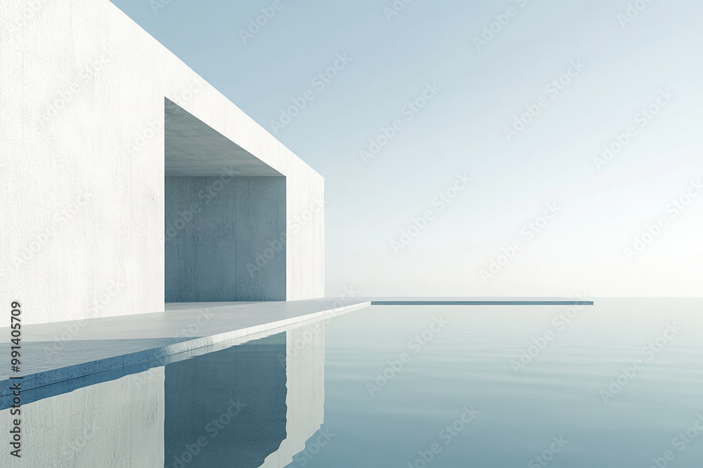 Fototapeta premium Abstract 3D rendering of minimalist style architectural space scene, mountain and lakeside building