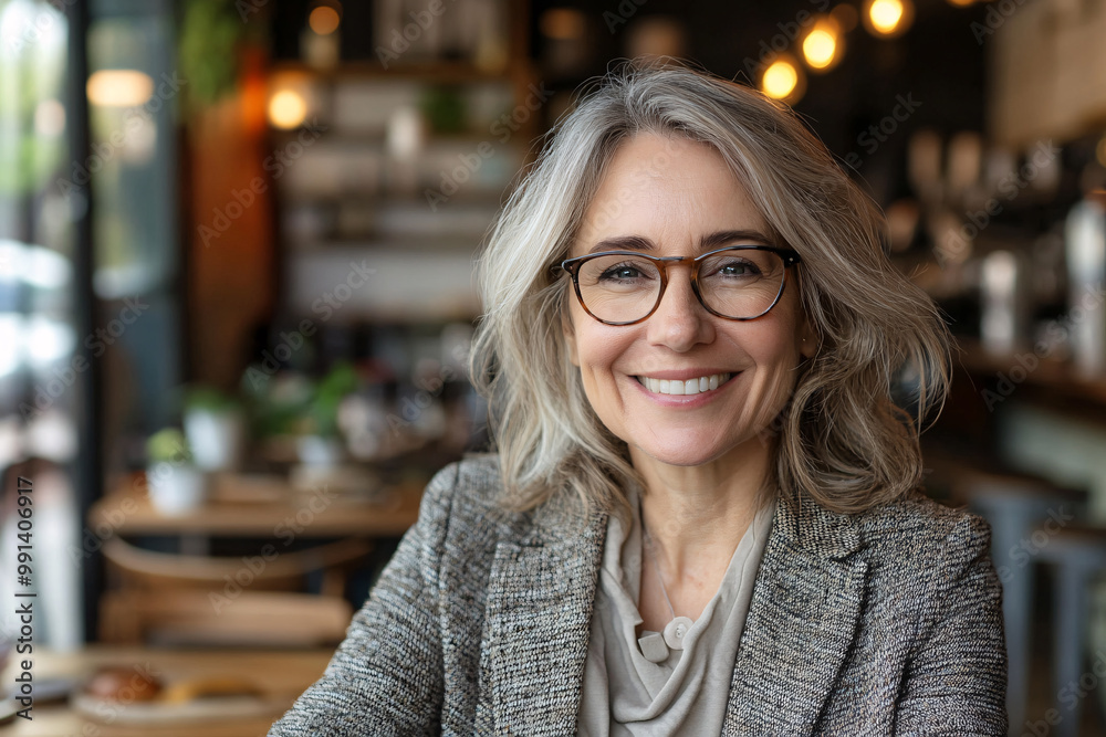 A woman wearing glasses and a gray jacket is smiling A woman wearing glasses and a gray jacket is smiling