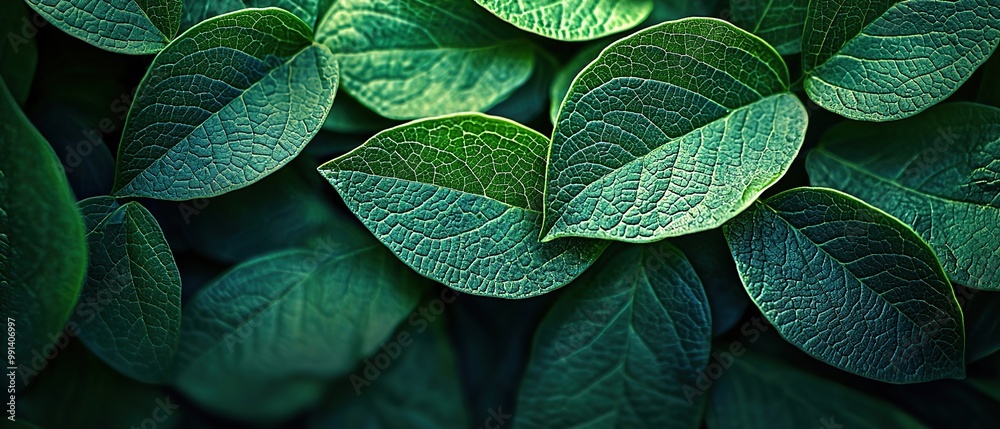 Fototapeta premium Close-up of lush green leaves with intricate veins.