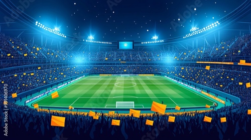 A vector design of a stadium crowd waving flags and cheering for their team with simplified forms and clean flat colors Large space for text in center Stock Photo with copy space
