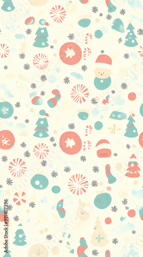 Cute Christmas-themed patterned wallpaper featuring candy cane trees, snowmen, Santa, snowflakes, Christmas tree decorations, and other festive Christmas-related graphics.