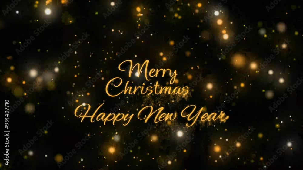 Animation text merry Christmas Happy New Year with golden sparkle particle on black background. Animation text merry Christmas Happy New Year with golden sparkle particle on black background.