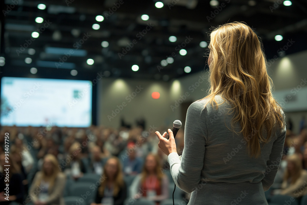 Fototapeta premium A woman is standing in front of a crowd and speaking into a microphone