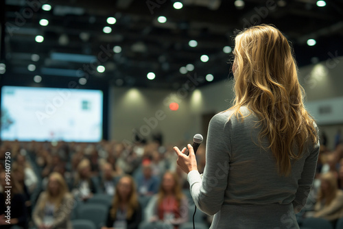 A woman is standing in front of a crowd and speaking into a microphone