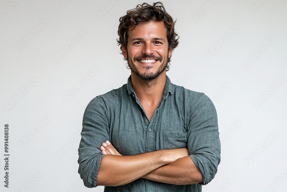 Obraz premium A man with his arms crossed, has glasses, is cheerful and looking at the camera. Copy space.