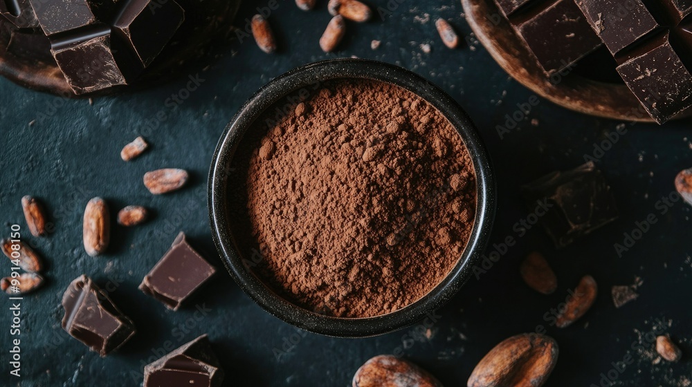 A top-down view of a small bowl filled with cacao powder, surrounded by cacao beans, cocoa nibs, and dark chocolate chunks on a rustic table. A top-down view of a small bowl filled with cacao powder, surrounded by cacao beans, cocoa nibs, and dark chocolate chunks on a rustic table.