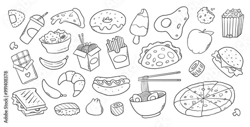 Fast food, junk food cartoon elements, snacks doodles collection for posters, prints, social media decor, menu, stickers, coloring pages, etc. EPS 10