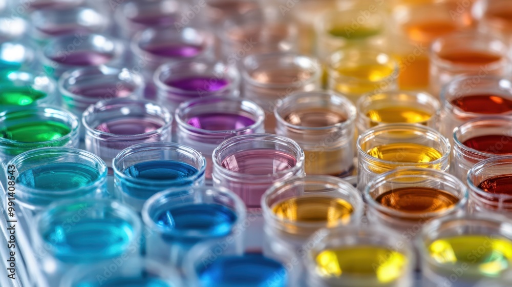Colorful scientific samples in a clear microplate prepared for detailed analysis and experimentation under laboratory conditions