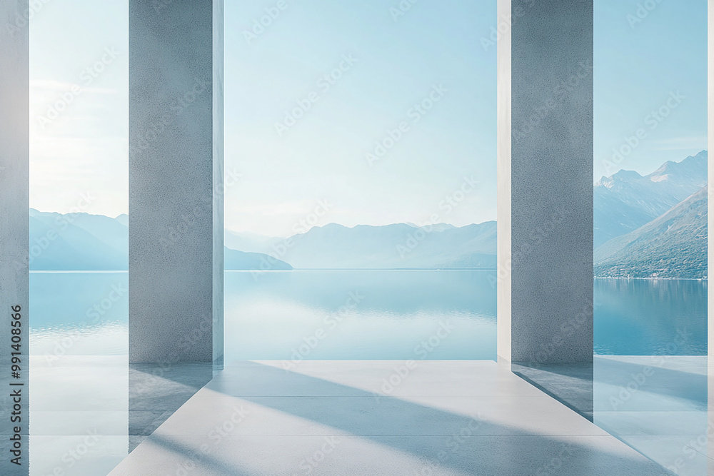 Abstract 3D rendering of minimalist style architectural space scene, mountain and lakeside building Abstract 3D rendering of minimalist style architectural space scene, mountain and lakeside building