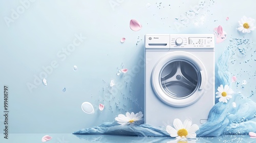 a white washing machine surrounded by soft blue fabrics, white daisies, and floating petals, blue background photo