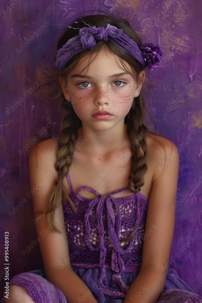 Fototapeta premium A young girl poses against a hand-painted purple backdrop adorned with whimsical details