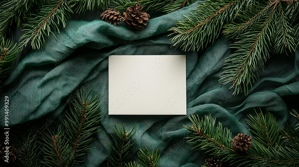 Photo of a blank white card on top, surrounded by pine branches and green fabric. Web banner with copy space on the right.
Photo of a blank white card on top, surrounded by pine branches and green fabric. Web banner with copy space on the right.