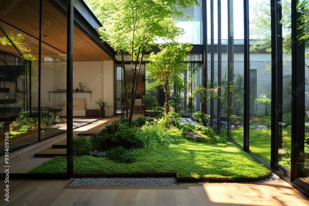 Obraz premium Home with indoor garden, glass walls, natural light, and sustainable materials creating a green, serene living environment