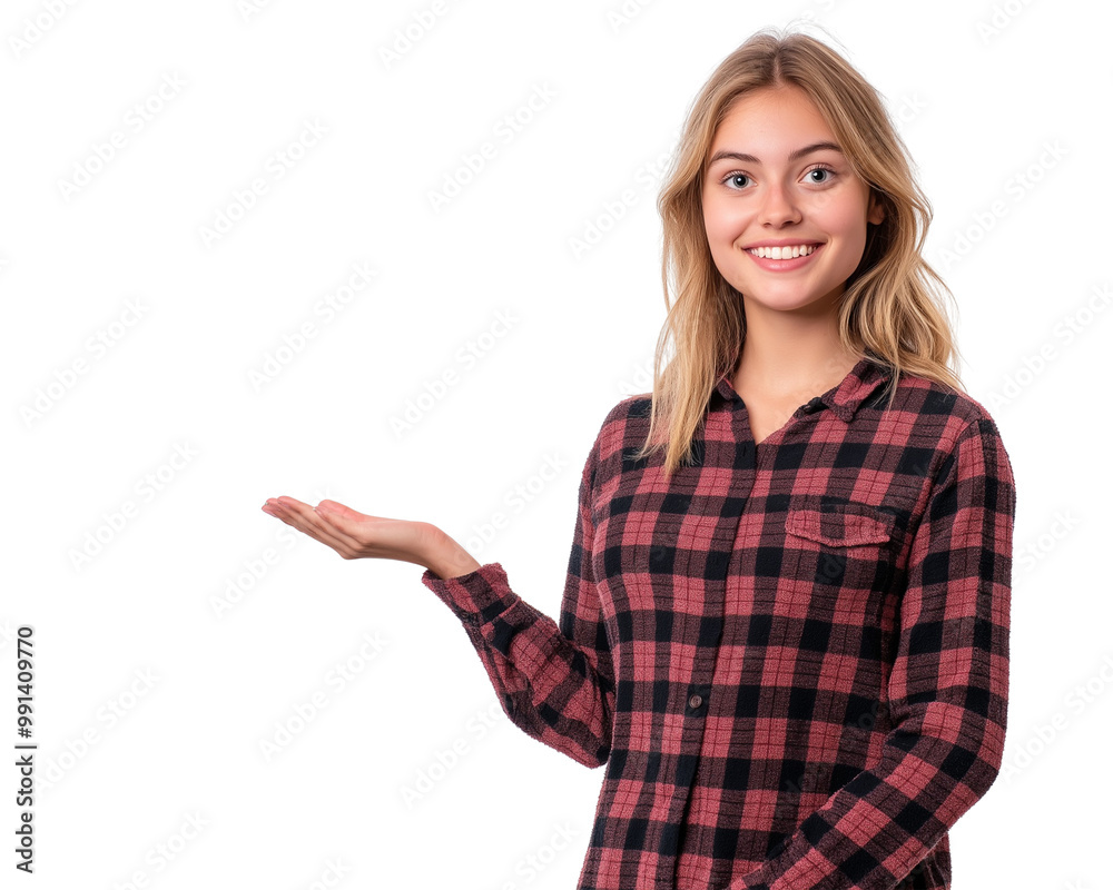 Happy Smiling Woman Presenting Something With Hand isolated on Transparent Background Happy Smiling Woman Presenting Something With Hand isolated on Transparent Background