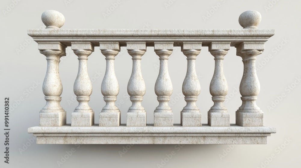 Fototapeta premium Balustrade elements in 3D: stone pillars, columns, balusters, handrails, and bases for classic fences on balconies, terraces, and parapets.