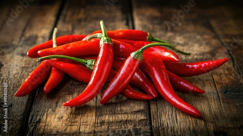 A vibrant pile of fresh red chili peppers spread out on a rustic wooden table, their glossy skins glistening under soft natural light.