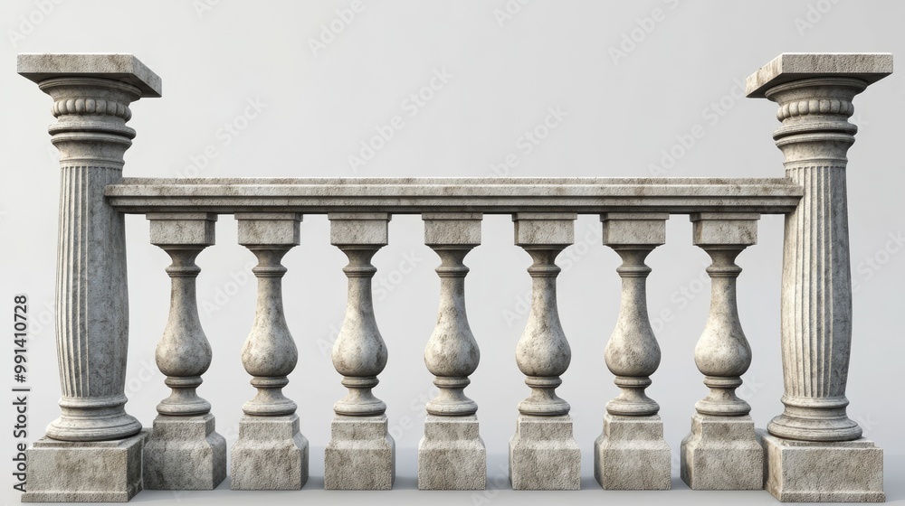 Fototapeta premium Balustrade elements in 3D: stone pillars, columns, balusters, handrails, and bases for classic fences on balconies, terraces, and parapets.