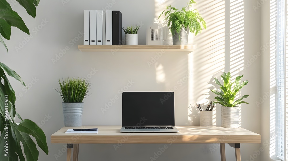 A bright and organized home office with a desk, laptop, and plant A bright and organized home office with a desk, laptop, and plant