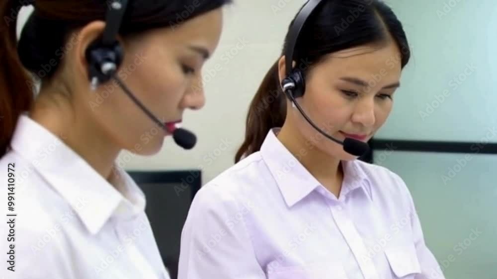 Two asian women handling customer service in call center Two asian women handling customer service in call center