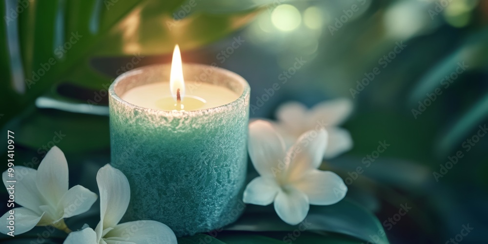 A close-up of a beautifully designed spa candle with gentle flames and surrounding floral elements, promoting calmness A close-up of a beautifully designed spa candle with gentle flames and surrounding floral elements, promoting calmness