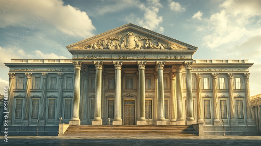 Fototapeta premium Bank edifice in 3D, featuring classical architecture with pillars, resembling a museum or government building.