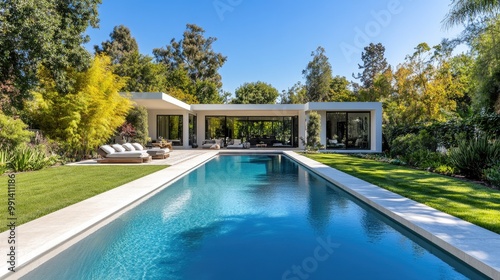 Luxury home with expansive outdoor pool, modern design, sleek furnishings, and lush landscaped garden