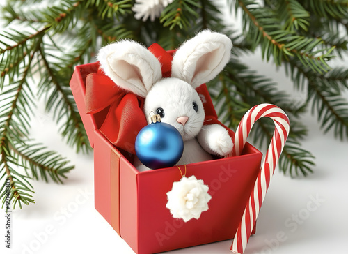 Soft toy white rabbit in a red gift box with a bow, next to a blue Christmas decoration and a lollipop on the right, against a background of green pine branches, isolated on a white background. Detail photo