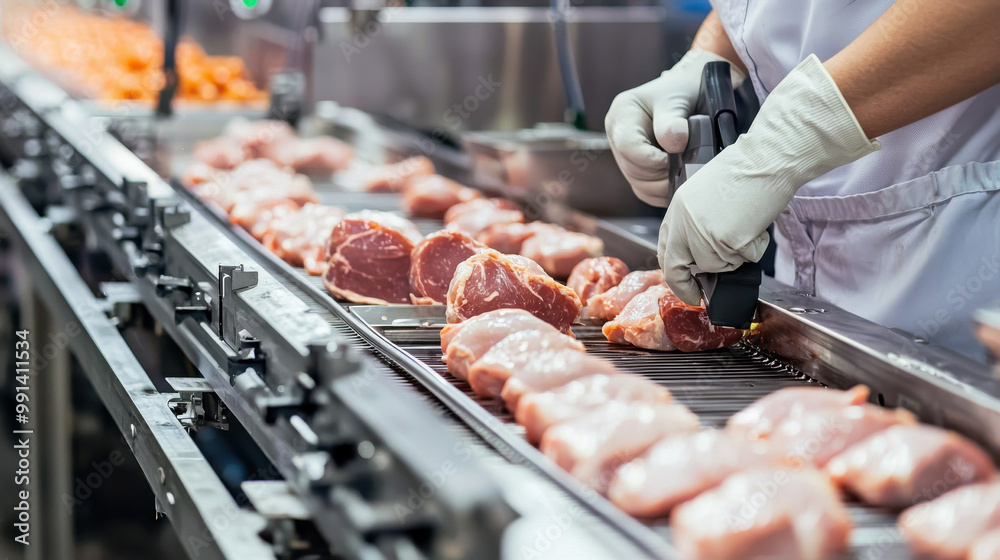 A worker inspects meat on a conveyor belt in a processing facility, showcasing hygiene and production efficiency in food processing.