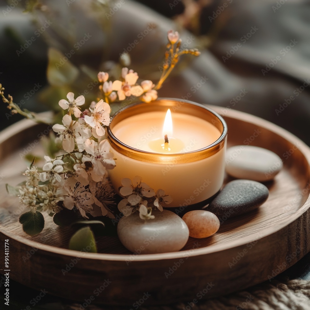 Obraz premium A close-up of a beautifully lit spa candle on a wooden tray, complemented by delicate flowers and calming stones