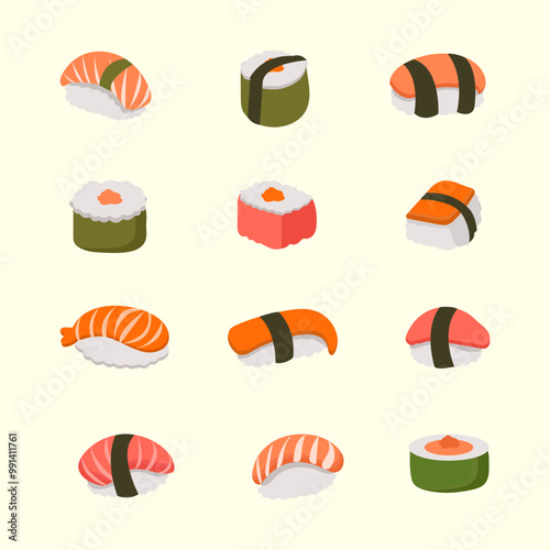cute kawai japanese sushi for elements, clipart or sticker