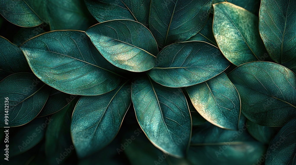Obraz premium Close up of teal leaves, green veins.