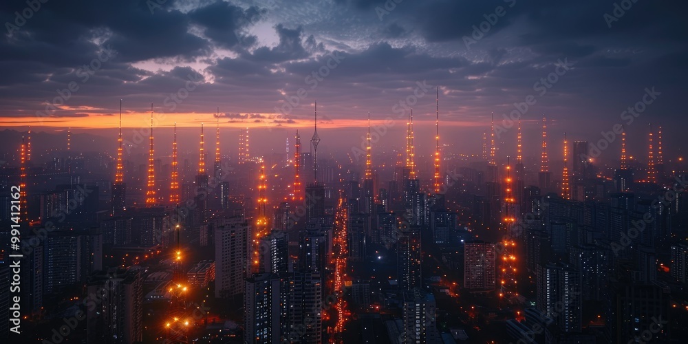 Vibrant cityscape glowing at night with illuminated towers and dramatic clouds in the background Vibrant cityscape glowing at night with illuminated towers and dramatic clouds in the background