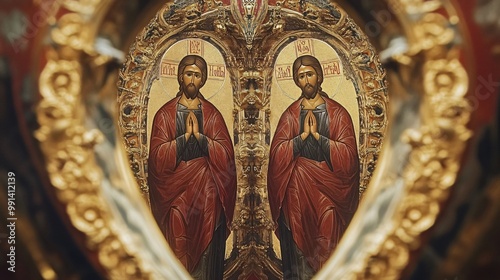 A close-up of a golden ornate frame surrounding a religious icon of Jesus with hands clasped in prayer, against a background of gold and red.