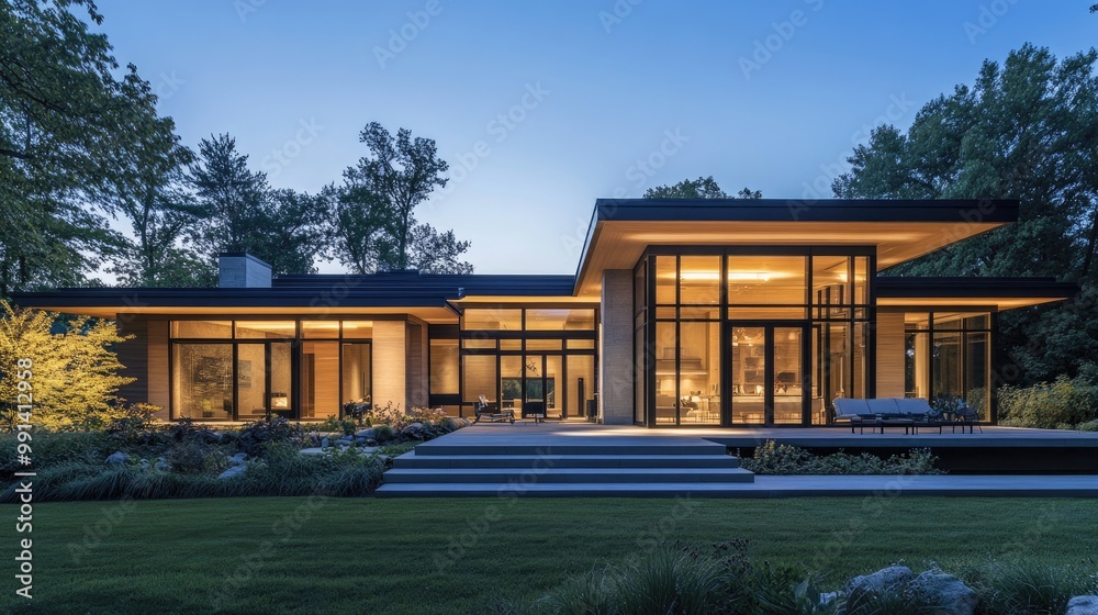 Modern home with clean lines, large glass windows, and open floor plan, nestled in a tranquil nature setting, minimalist design, natural materials, soft lighting Modern home with clean lines, large glass windows, and open floor plan, nestled in a tranquil nature setting, minimalist design, natural materials, soft lighting