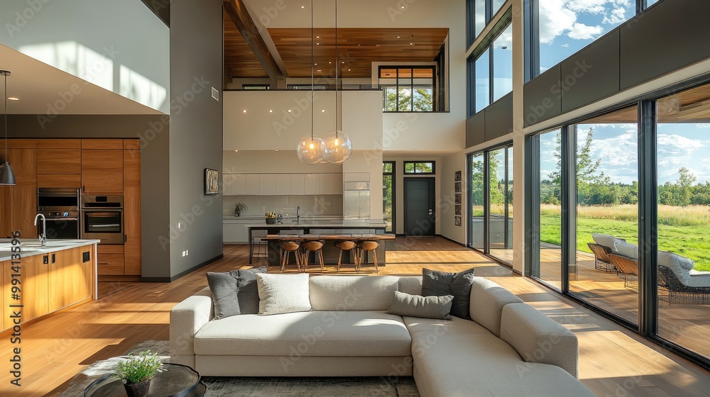 Modular home interior with sleek, customizable sections, modern design, and eco-friendly construction elements