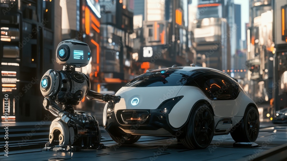 A futuristic robot performing maintenance on an autonomous vehicle in a smart city.
