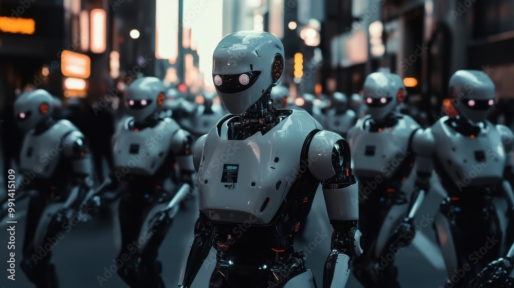 A group of robots patrolling a city street, representing AI-driven law enforcement or security. A group of robots patrolling a city street, representing AI-driven law enforcement or security.