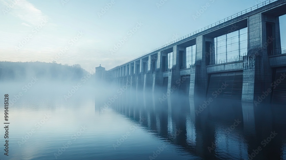 A towering dam surrounded by mist with open sky above and still waters in the foreground, perfect for text placement.