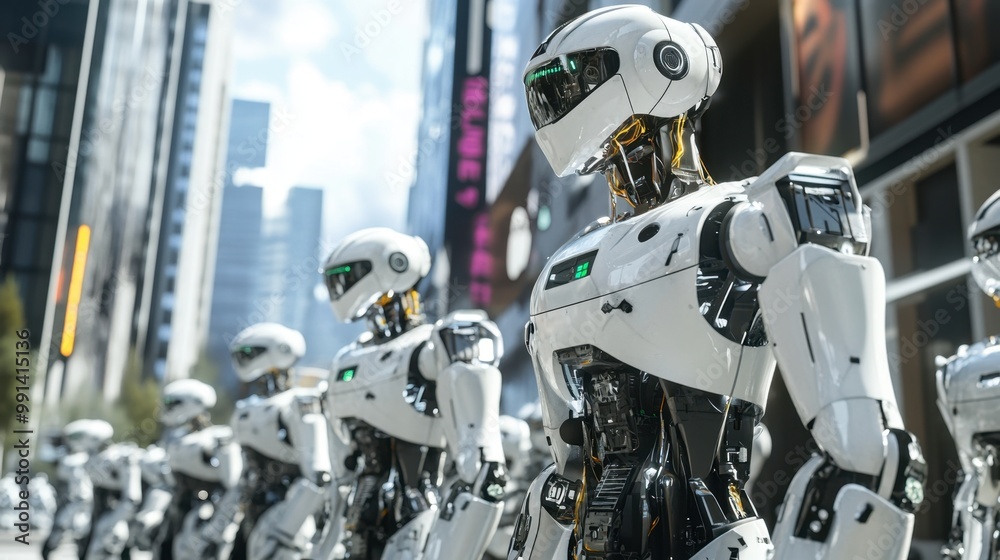 Fototapeta premium A group of robots patrolling a city street, representing AI-driven law enforcement or security.