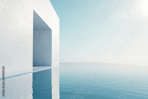 Abstract 3D rendering of minimalist style architectural space scene, mountain and lakeside building