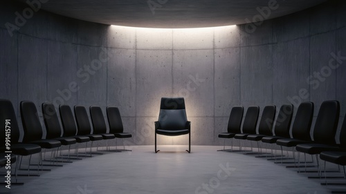 A minimalist meeting room featuring a central chair surrounded by empty seats, perfect for discussions, presentations or brainstorming.