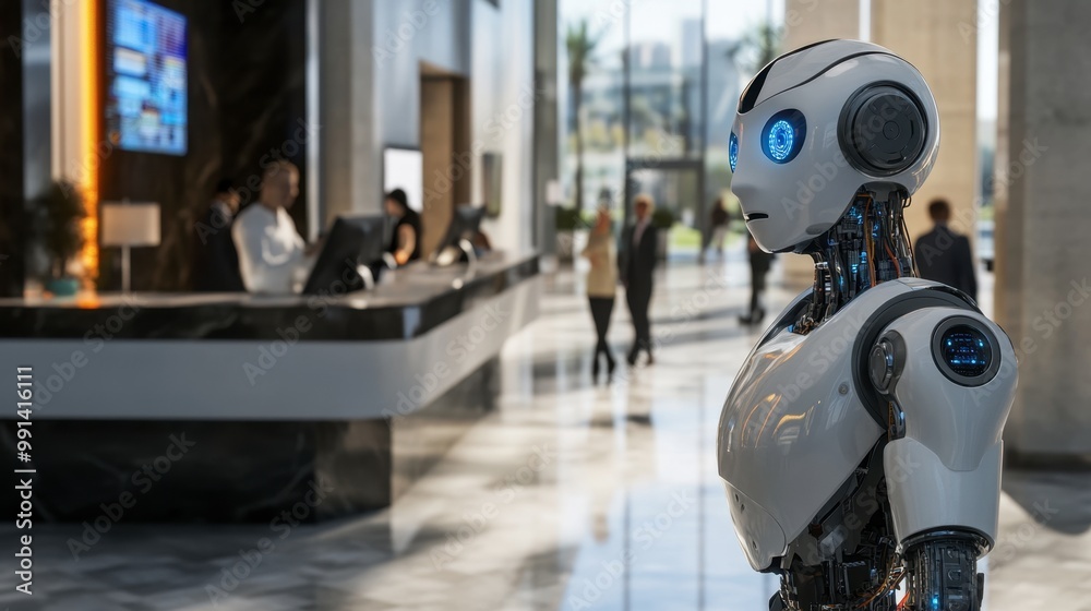 A humanoid robot working as a receptionist in a smart building, interacting with visitors using advanced communication systems. A humanoid robot working as a receptionist in a smart building, interacting with visitors using advanced communication systems.