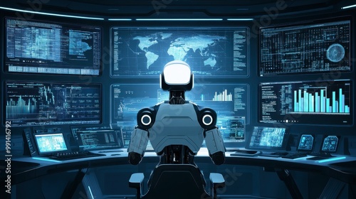 A robot analyzing data on multiple screens in a futuristic control room, representing AI's role in data management and analytics.