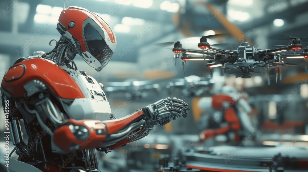 Fototapeta premium A robot assembling drones in a high-tech factory, illustrating the intersection of automation in manufacturing and aviation.