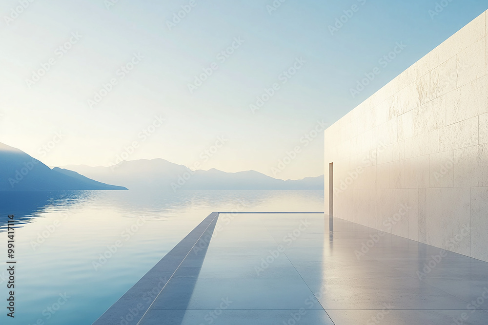 Abstract 3D rendering of minimalist style architectural space scene, mountain and lakeside building Abstract 3D rendering of minimalist style architectural space scene, mountain and lakeside building