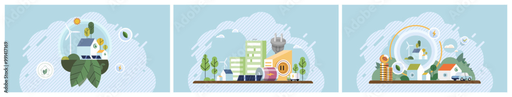 Obraz premium Green technology concept. Creative representation of sustainable urban living with renewable energy sources and eco-friendly infrastructure. Ideal for clean energy initiatives, modern city planning