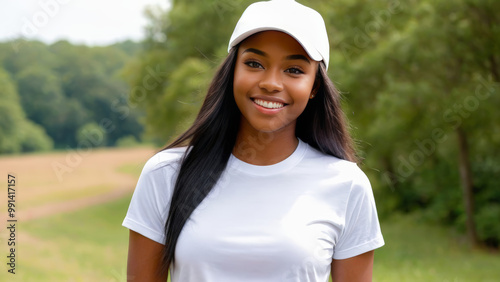 Young black woman wearing white t-shirt and white baseball cap standing in nature