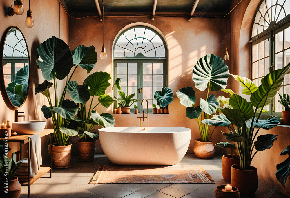 Fototapeta premium Modern bathroom interior with wooden decor in eco style. AI generated.