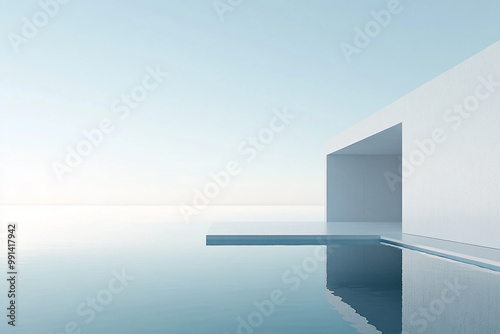Abstract 3D rendering of minimalist style architectural space scene, mountain and lakeside building
